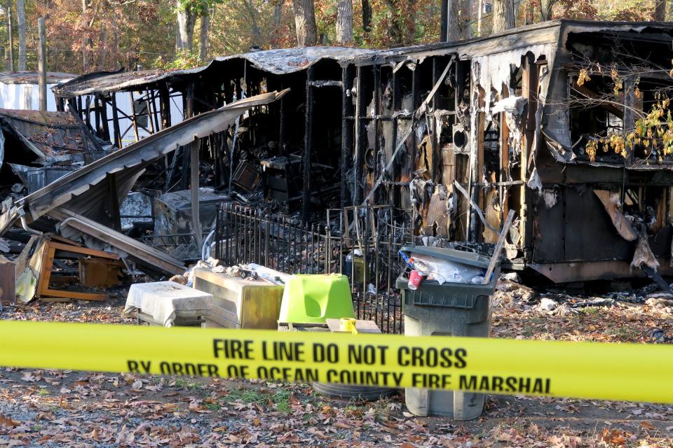 The aftermath of a Wednesday, November 1, 2023, fire at 254 Lakewood Road in the Oak Grove Mobile Home Park in Plumsted Township.