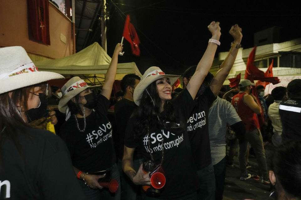 Free Party presidential candidate Xiomara Castro supporters celebrate after general elections, in Tegucigalpa, Honduras, Sunday, Nov. 28, 2021. Castro claimed victory, setting up a showdown with the National Party which said its candidate had won a vote that could end the conservative party's 12 years in power. (AP Photo/Moises Castillo)