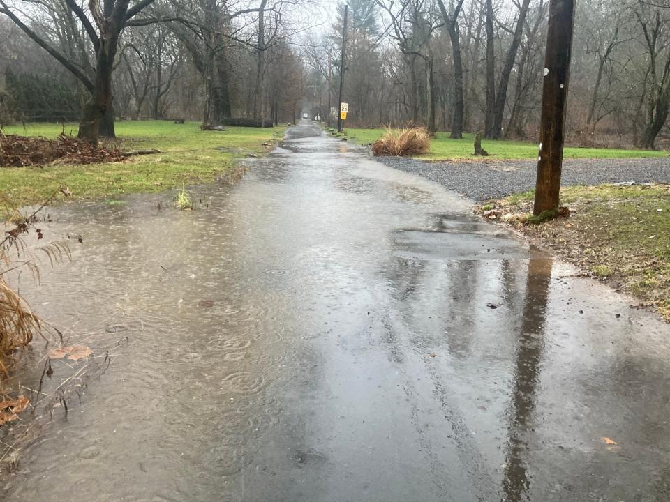 The Neshaminy Creek was rising near Periwinkle Avenue on Tuesday afternoon. If the creek crests as predicted it could flood Periwinkle.