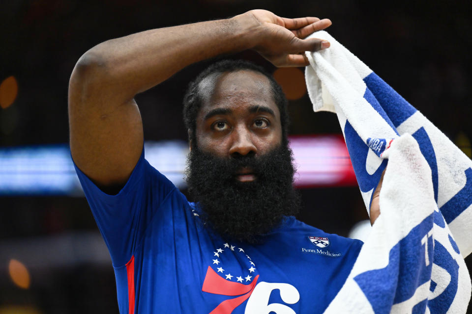 CHICAGO, ILLINOIS - OCTOBER 29:  James Harden #1 of the Philadelphia 76ers takes a breather during a game against the Chicago Bulls on October 29, 2022 at the United Center in Chicago, Illinois.   NOTE TO USER: User expressly acknowledges and agrees that, by downloading and or using this photograph, User is consenting to the terms and conditions of the Getty Images License Agreement.  (Photo by Jamie Sabau/Getty Images)