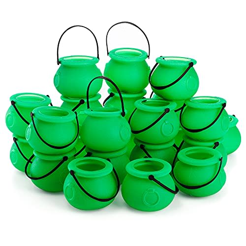 Tebery 24 Pack Mini Green Witch Cauldron with Handle, Novelty Candy Cauldron Kettles Cups, Multi-purposed Novelty Candy Bucket Pot for Halloween St Patrick Day Party Decoration