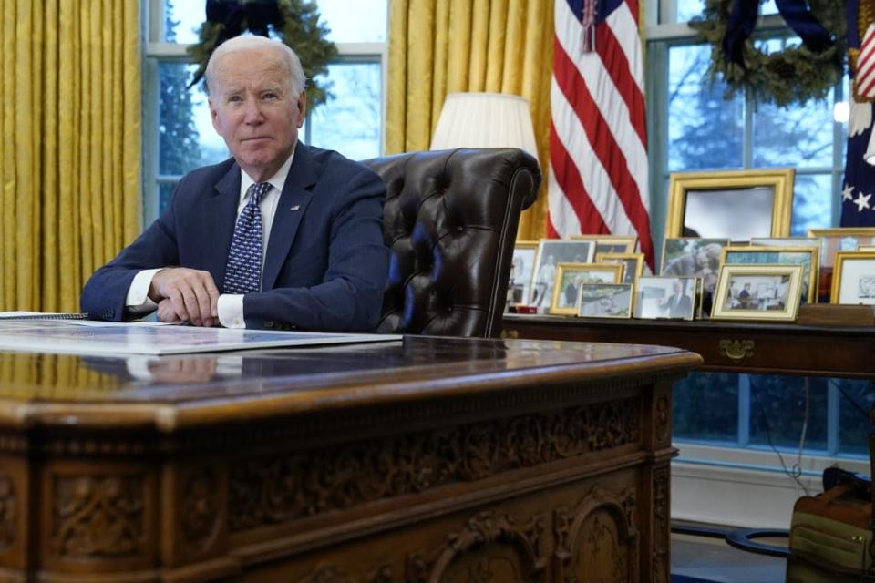 President Joe Biden participates in a briefing on winter storms across the United States in the Oval Office of the White House, Thursday, Dec. 22, 2022, in Washington. (AP Photo/Patrick Semansky)