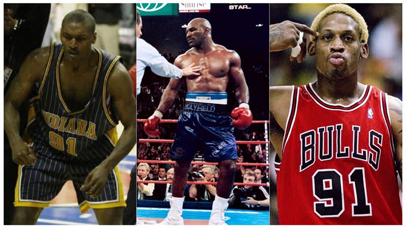 左起：Metta World Peace、Mike Tyson、Dennis Rodman三位狂人竟齊聚一堂。（圖／翻攝自推特）