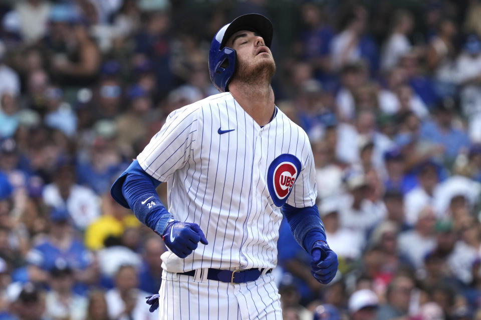 Chicago Cubs' Cody Bellinger reacts as he grounds out to Boston Red Sox second baseman Christian Arroyo during the seventh inning of a baseball game in Chicago, Sunday, July 16, 2023. (AP Photo/Nam Y. Huh)