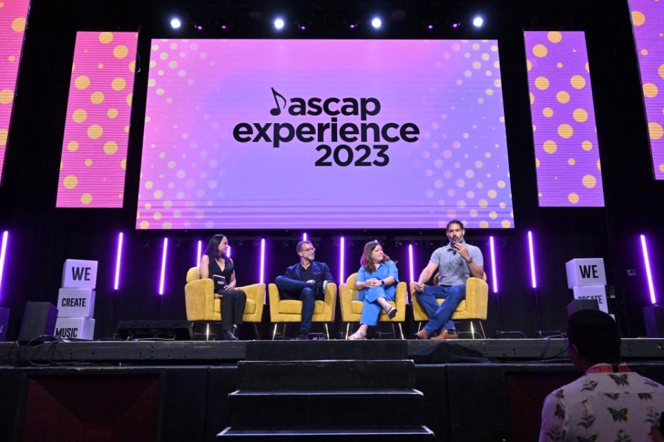 LOS ANGELES, CALIFORNIA - JUNE 21: (L-R) Jazz Tangcay, Nick Lehman, Rachel Lyske, and Lucas Cantor Santiago speak onstage during the ASCAP Experience 2023 on June 21, 2023 in Los Angeles, California. (Photo by Lester Cohen/Getty Images for ASCAP)