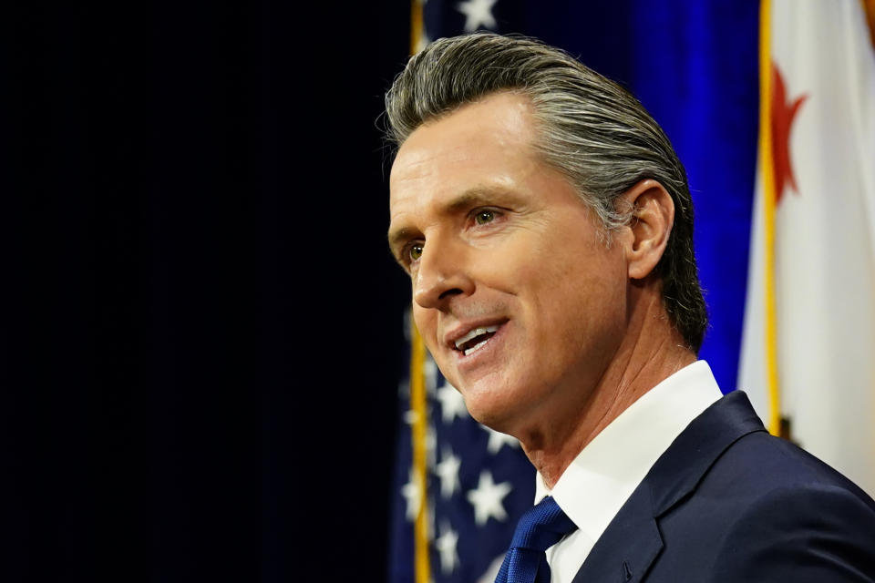 FILE - California Gov. Gavin Newsom delivers his annual State of the State address in Sacramento, Calif., Tuesday, March 8, 2022. Six months after beating back a recall election that could have removed him from office, Newsom will face largely unknown opposition in the June 7, 2022, primary election as he seeks re-election to a second, four-year- term. (AP Photo/Rich Pedroncelli, File)