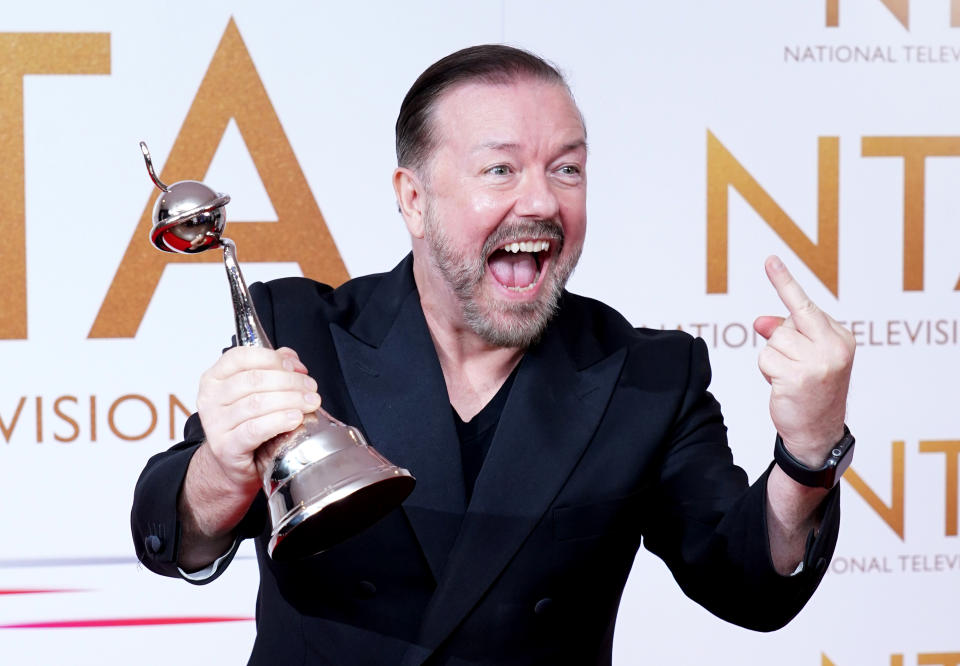 EDITORS NOTE: GESTURE Ricky Gervais in the press room after winning the Comedy award for After Life at the National Television Awards 2021 held at the O2 Arena, London. Picture date: Thursday September 9, 2021. (Photo by Ian West/PA Images via Getty Images)