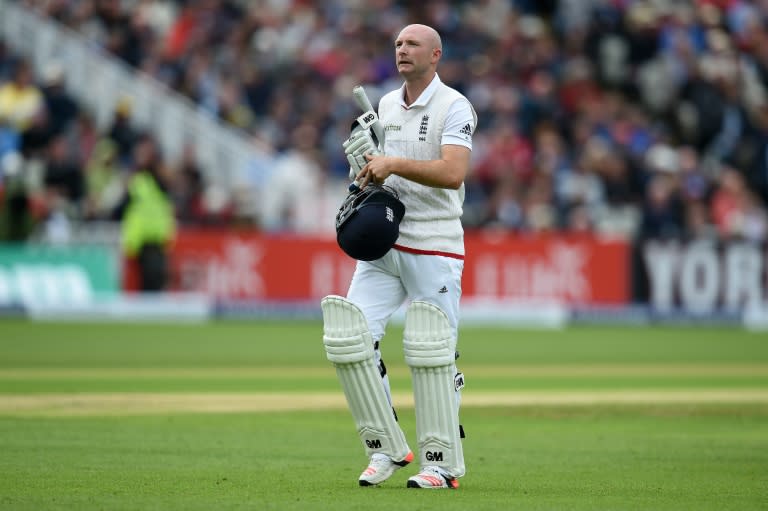 England's Adam Lyth leaves the pitch after being caught for ten runs by Australia's Adam Voges on the first day of the third Ashes cricket test match between England and Australia at Edgbaston in Birmingham, central England, on July 29, 2015