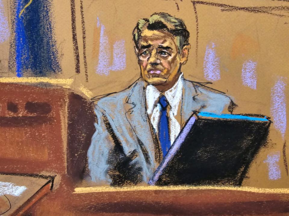 A courtroom sketch of lawyer Keith Davidson on the witness stand at Donald Trump's hush-money trial.