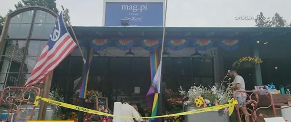 Mourners left flowers outside Laura Carleton’s Mag.Pi store in Lake Arrowhead, California, after she was shot dead on Friday (Screengrab/ ABC7)
