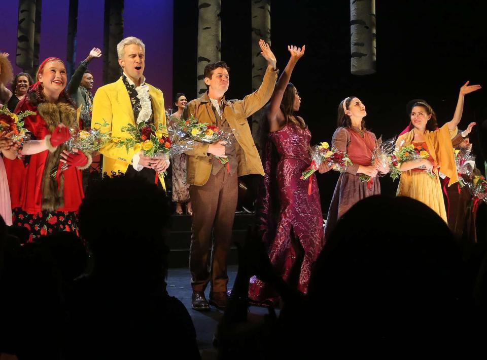 lia Lester, Gavin Creel, Jason Forbach, Patina Miller, Sara Bareilles, Phillipa Soo and cast during the the opening night curtain call for "Into The Woods" on Broadway at The St. James Theatre on July 10, 2022 in New York City.