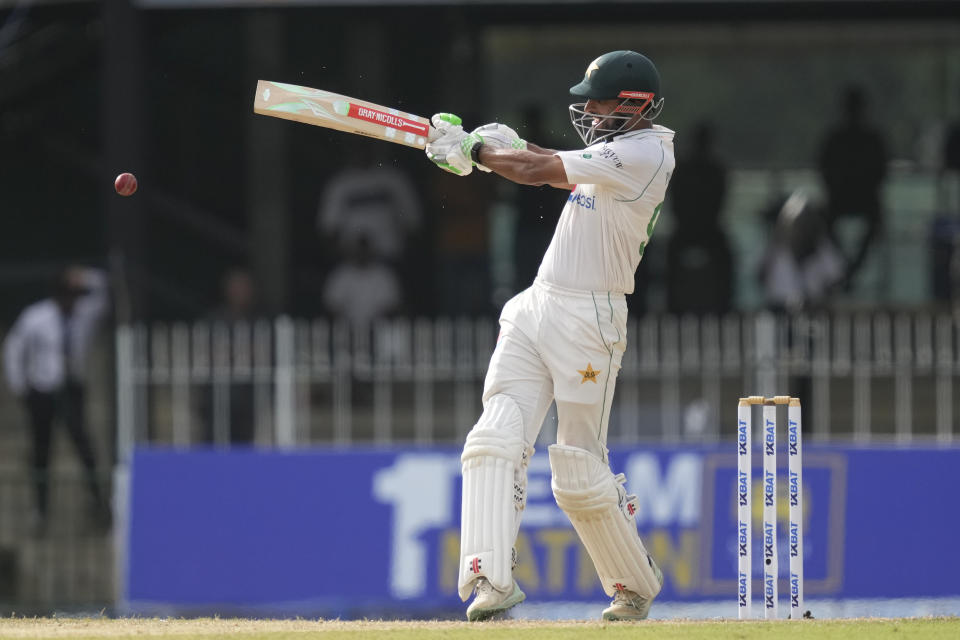 Pakistan's Shan Masood plays a shot during the day one of the second cricket test match between Sri Lanka and Pakistan in Colombo, Sri Lanka on Monday, Jul. 24. (AP Photo/ Eranga Jayawardena)