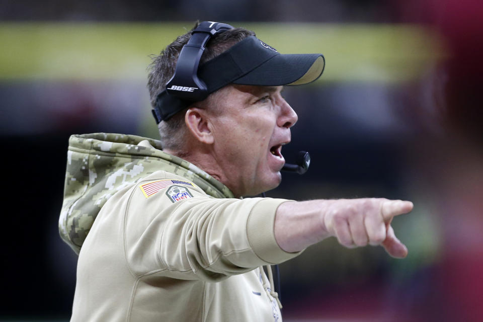 New Orleans Saints head coach Sean Payton calls out in the first half of an NFL football game against the Atlanta Falcons in New Orleans, Sunday, Nov. 10, 2019. (AP Photo/Butch Dill)