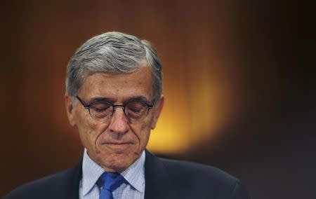 Federal Communications Commission (FCC) Chairman Tom Wheeler arrives to testify before a Senate Appropriations Subcommittee hearing on FCC's proposed budget for 2016, in Washington, May 12, 2015. REUTERS/Carlos Barria