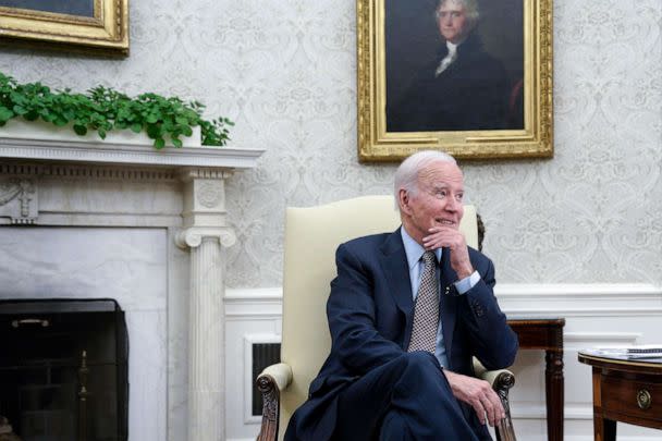 PHOTO: President Joe Biden sits during his meeting with Speaker of the House Kevin McCarthy, in the Oval Office of the White House in Washington, D.C., on May 22, 2023. (Yuri Gripas via CNP via Polaris)