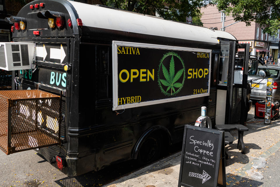 A bus selling cannabis products on Bedford Avenue in Brooklyn.