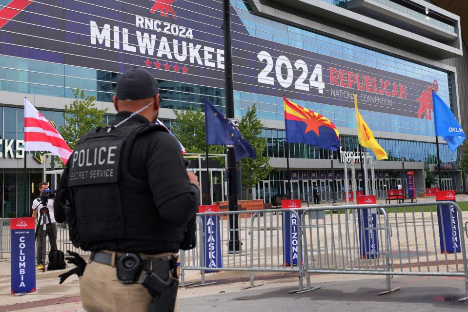 A police officer stands guard as preparations for the Republican National Convention are underway in Milwaukee, Wisconsin, U.S., July 14, 2024. REUTERS/Brian Snyder
