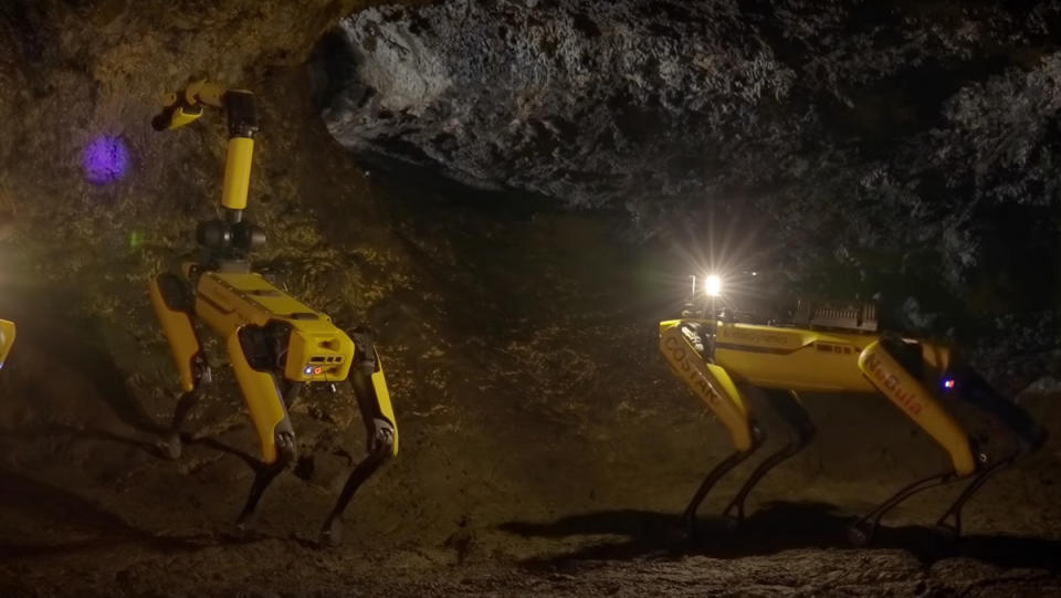 Two "Spot" robot dogs search "Martian-like" caves on Earth for scientific samples.