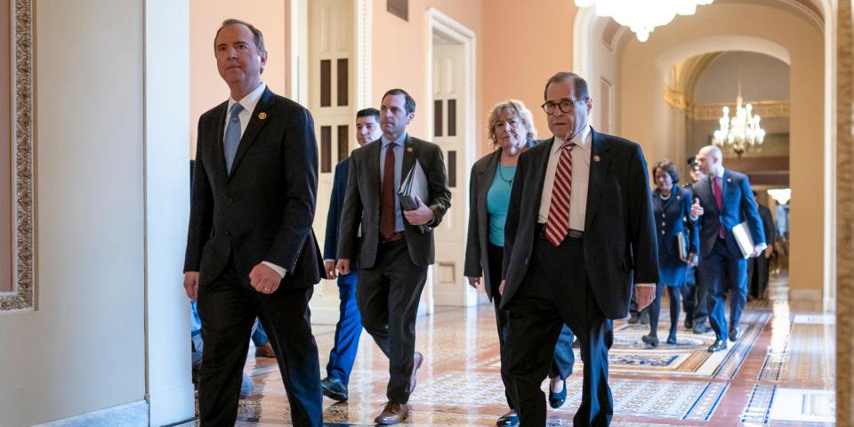 House Democratic impeachment managers, from left, House Intelligence Committee Chairman Adam Schiff, D-Calif., Rep. Jason Crow, D-Colo., Rep. Zoe Lofgren, D-Calif., and House Judiciary Committee Chairman Jerrold Nadler, D-N.Y., arrive for the start of the third day of the impeachment trial of President Donald Trump on charges of abuse of power and obstruction of Congress, at the Capitol in Washington, Thursday, Jan. 23, 2020. (AP Photo/J. Scott Applewhite)