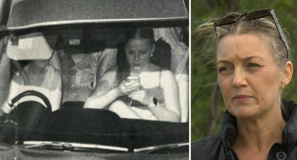 The $413 fine was issued after Louise Hess' daughter was caught by a roadside camera not wearing her seatbelt properly (left). An image of Louise Hess wearing sunglasses on top of her head and a black jacket is on the right. 