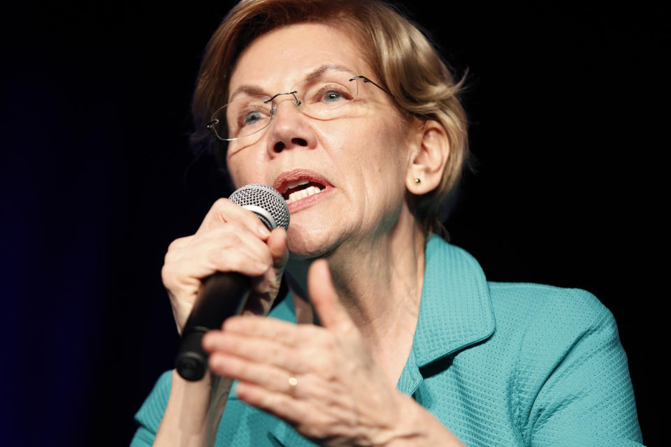 Democratic presidential candidate Sen. Elizabeth Warren, D-Mass., speaks at the Clark County Democratic Party "Kick-Off to Caucus 2020" event, Saturday, Feb. 15, 2020, in Las Vegas. (AP Photo/John Locher)