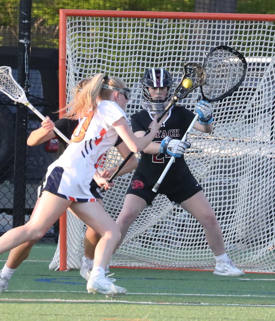 Nyack goalie Kiera Furey, shown here during a 16-6 win April 25, 2023 against host Horace Greeley, is one of the RedHawk all-stars who've returned for the 2024 season.