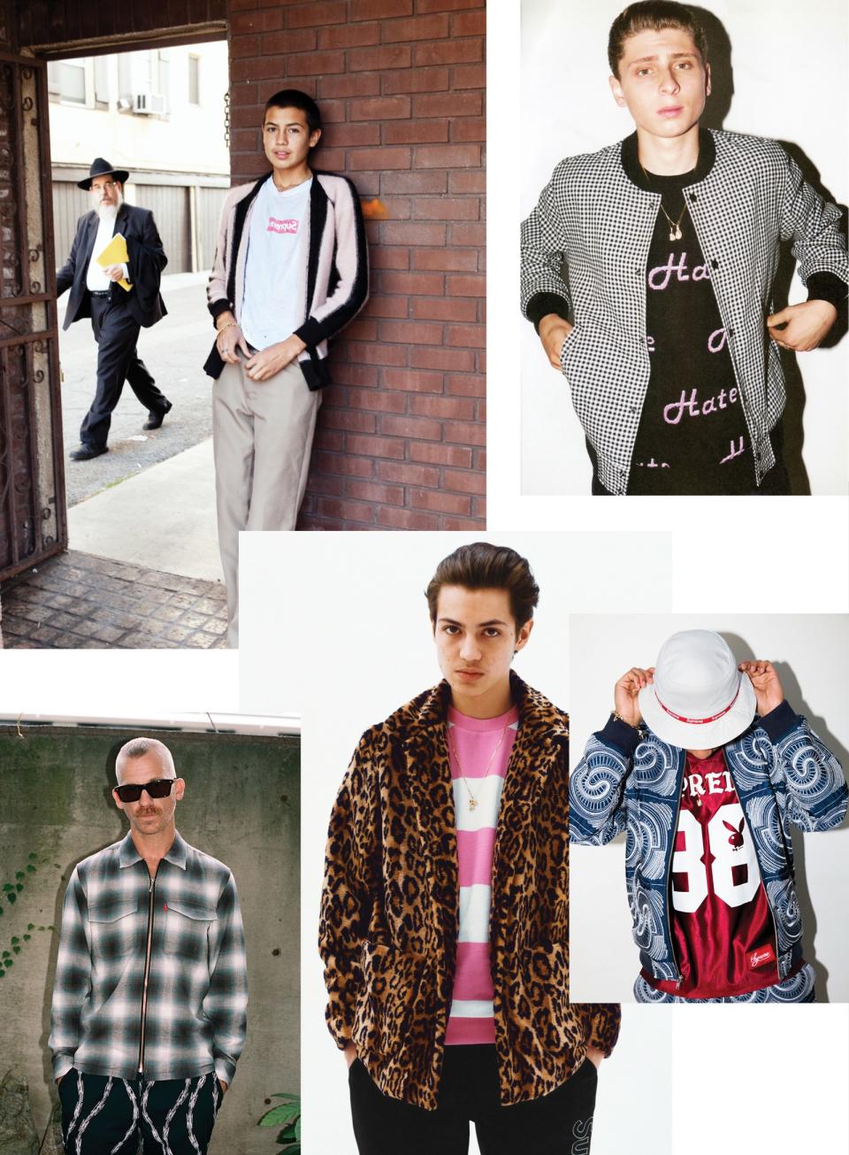 Clockwise from top left: Sean Pablo Murphy in mohair cardigan, fall-winter 2013; Blondey McCoy in "Hate" sweater, fall-winter 2013; Playboy football top, fall-winter 2014; Sean Pablo Murphy in leopard faux-fur coat, spring-summer 2016; Jason Dill in shadow plaid zip shirt, fall-winter 2015.