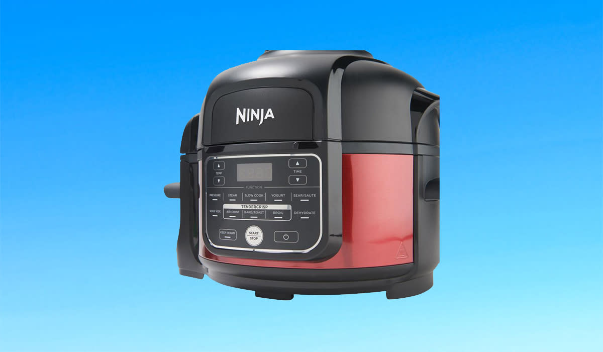 Red ninja multi-cooker shown at an angle from the front. 