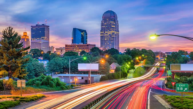 Winston-Salem, North Carolina, USA skyline at dusk.