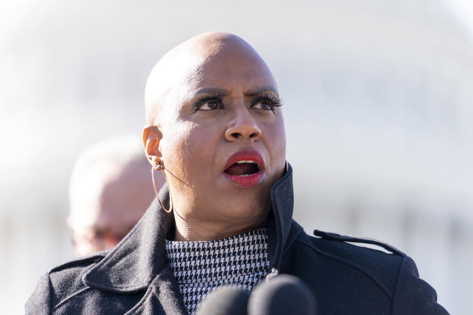 Rep. Ayanna Pressley, D-Mass., speaks at a news conference on Capitol Hill in Washington, Thursday, Feb. 4, 2021, about plans to reintroduce a resolution to call on President Joe Biden to take executive action to cancel up to $50,000 in debt for federal student loan borrowers. (AP Photo/Andrew Harnik)