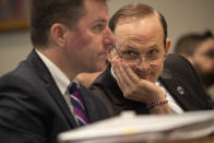 South Carolina Attorney General Alan Wilson listens in court during the double murder trial of Alex Murdaugh at the Colleton County Courthouse in Walterboro, S.C., Wednesday, Feb. 1, 2023. (Andrew J. Whitaker/The Post And Courier via AP, Pool)