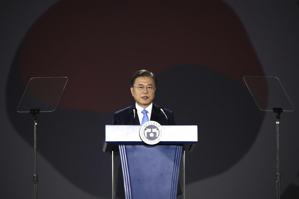 South Korean President Moon Jae-in speaks during the celebration of 75th anniversary of the Liberation Day at Dongdaemun Design Plaz in Seoul Saturday, Aug. 15, 2020. (Chung Sung-jun/Pool Photo via AP)