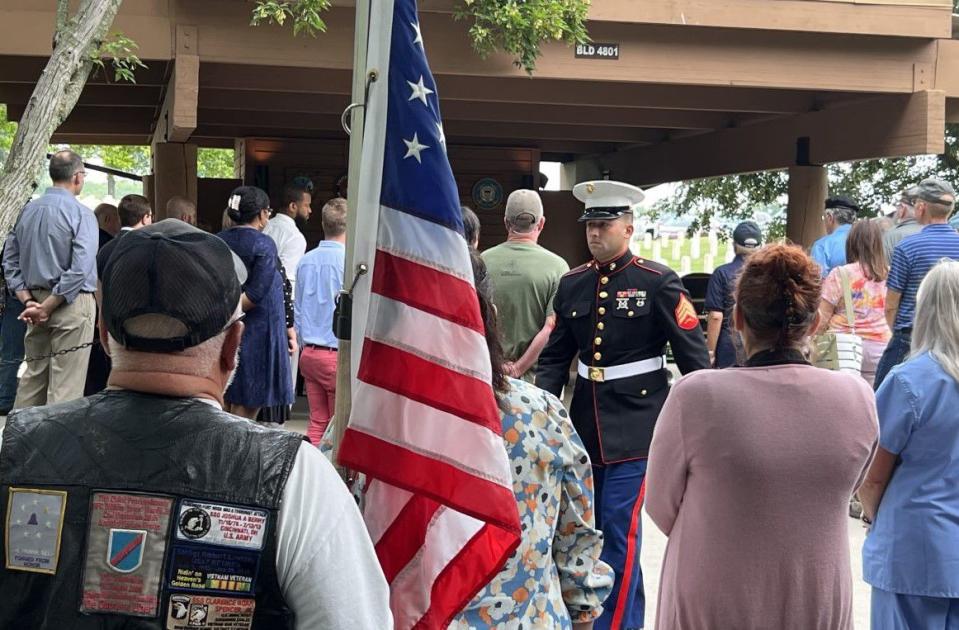 Dozens of people attended the funeral of local Marine veteran James Brooks at the Dayton National Cemetery Thursday. Brooks died at the Dayton VA recently, but had no known family members. (Xavier Hershovitz/Staff)