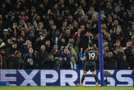 Manchester City's Julian Alvarez celebrates after scoring his side's fourth goal during the English Premier League soccer match between Brighton and Manchester City at the Falmer Stadium in Brighton, England, Thursday, April 25, 2024. (AP Photo/Kin Cheung)