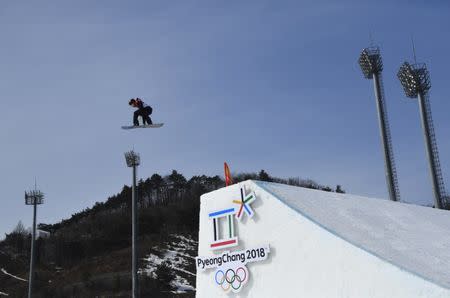 Snowboarding - Pyeongchang 2018 Winter Olympics - Men's Big Air Qualifications - Alpensia Ski Jumping Centre - Pyeongchang, South Korea - February 21, 2018 - Carlos Garcia Knight of New Zealand competes. REUTERS/Toby Melville