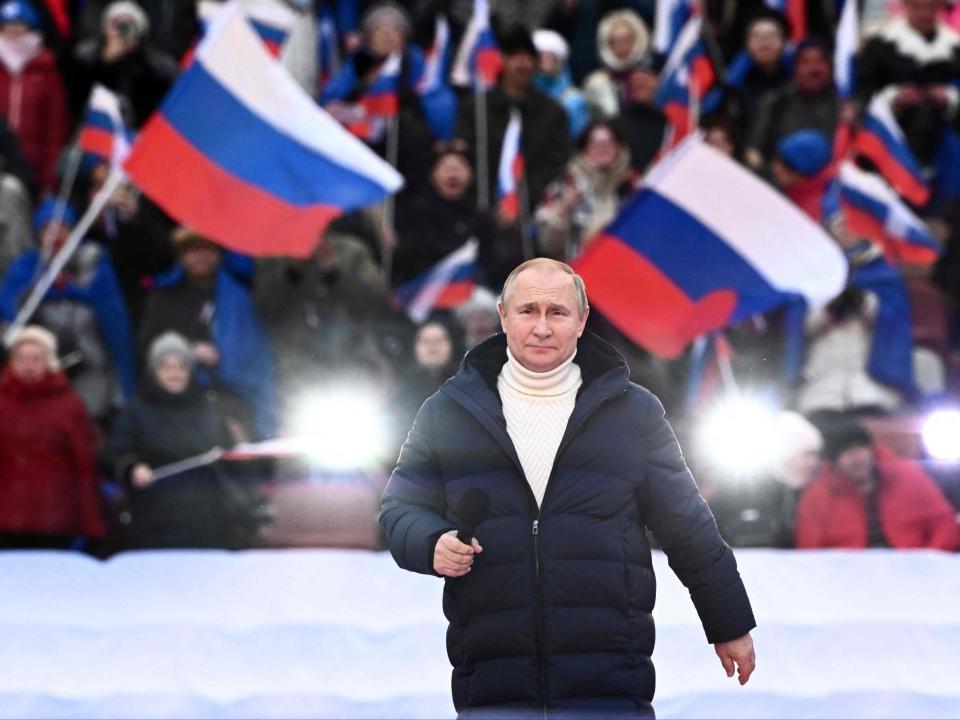 Putin at a &#x002018;unity&#x002019; rally in Moscow earlier this week (POOL/AFP via Getty Images)