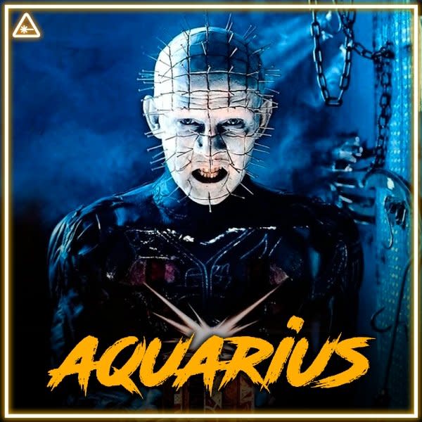 image of pinhead horror villain with aquarius in scrawling orange letters at the bottom for his zodiac sign