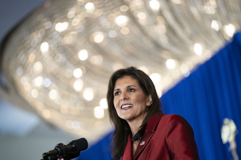 Then-Republican presidential candidate Nikki Haley speaks at her primary night watch party at The Charleston Place in Charleston the night Haley was defeated in her home state by former president Donald Trump, Feb. 2024. File Photo by Bonnie Cash/UPI