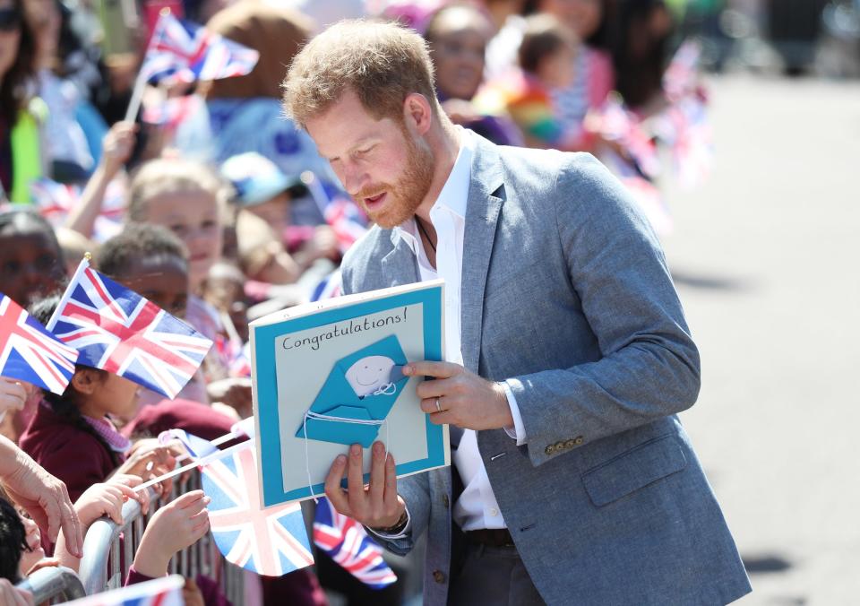 "<a href="https://people.com/royals/prince-harry-read-schoolchildren-card-dad-duty-4-am/" rel="nofollow noopener" target="_blank" data-ylk="slk:When I'm awake at 4 o'clock in the morning;elm:context_link;itc:0;sec:content-canvas" class="link ">When I'm awake at 4 o'clock in the morning</a>, I’ll read all these,” Harry told the 7- and 8-year-old students from Bayards Hill Primary school, who had made 60 congratulatory cards for him, Meghan and little Archie.