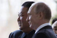 FILE - Russian President Vladimir Putin, right, and North Korea's leader Kim Jong Un pose for a photo prior to their talks in Vladivostok, Russia, on April 25, 2019. Since assuming power 10 years ago, North Korean leader Kim Jong Un has ruled the isolated country with absolute power, significantly expanded its nuclear arsenal and become the North’s first ruler to hold a summit with a sitting U.S. president. But now, he’s hunkering down and struggling to revive a dilapidated economy battered hard by pandemic-related border shutdowns, toughened U.N. sanctions and mismanagement. (AP Photo/Alexander Zemlianichenko, Pool, File)