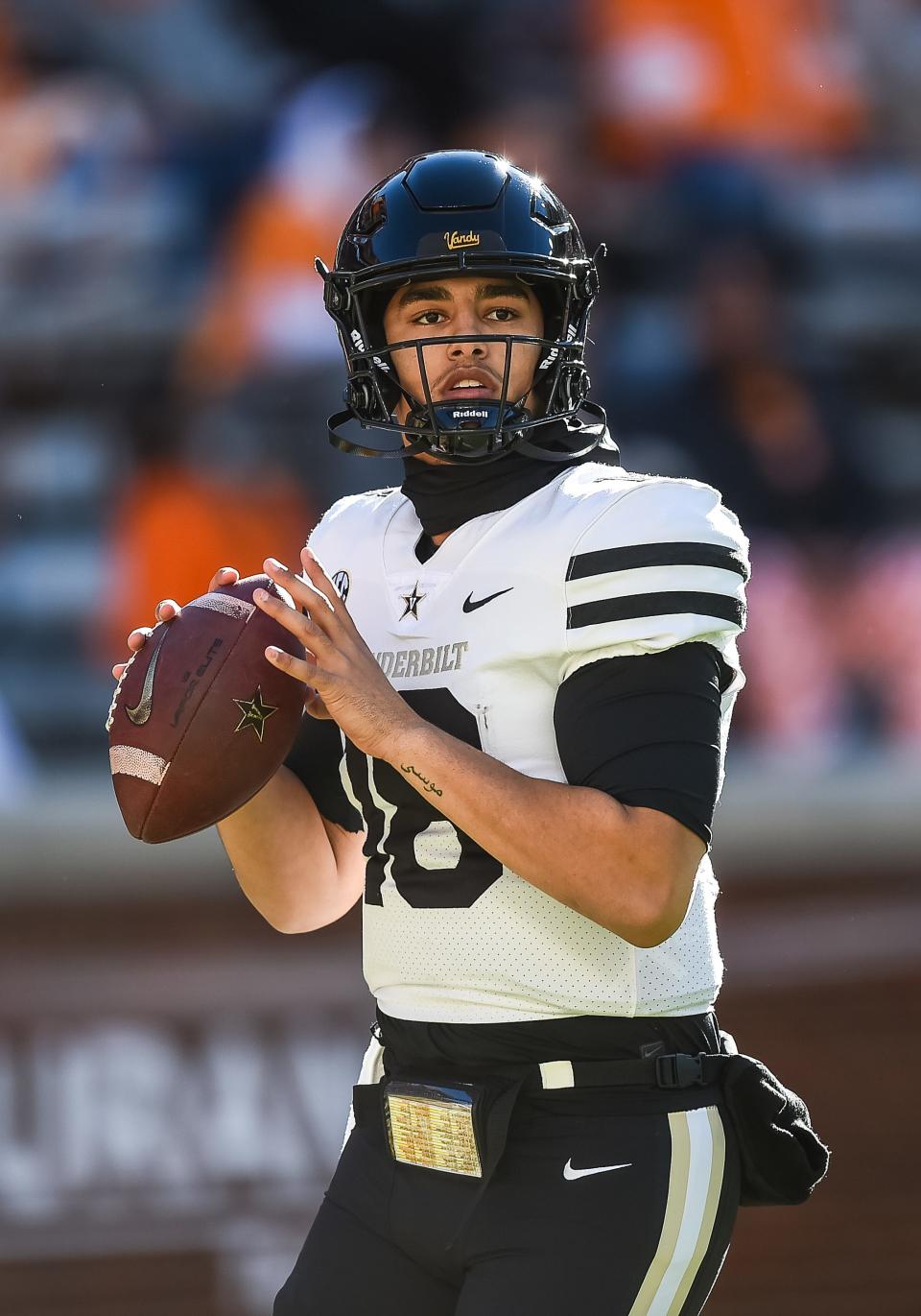 Nov 27, 2021; Knoxville, Tennessee, USA; Vanderbilt Commodores quarterback Jeremy Moussa (18) warms up before a game against the Tennessee Volunteers at Neyland Stadium. Mandatory Credit: Bryan Lynn-USA TODAY Sports