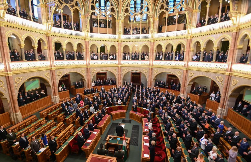 Viktor Orban takes the oath during the investiture ceremony at the Parliament in Budapest (Attila Kisbenedek/AFP via Getty Images)