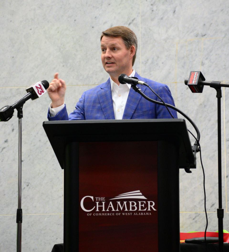 Jim Page, President and CEO of the Camber of Commerce of West Alabama, speaks during a ribbon-cutting ceremony on Tuesday, May 18, 2021.