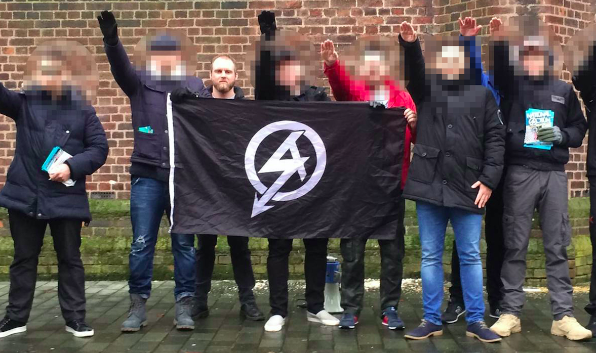 <em>National Action leader Christopher Lythgoe (3rd from left) has been jailed for being a member of the banned group (PA)</em>