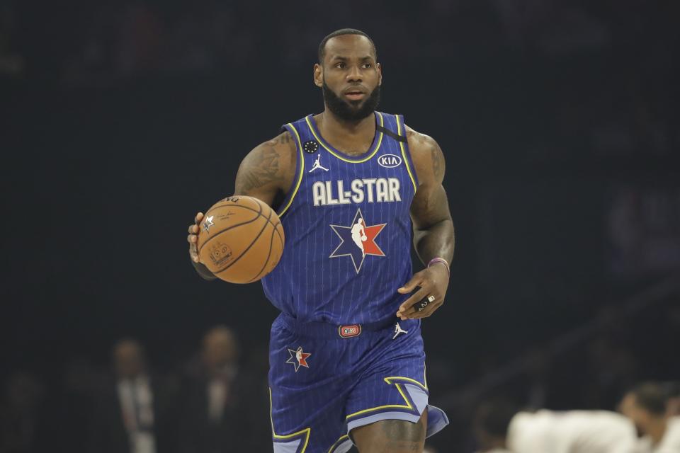 LeBron James of the Los Angeles Lakers dribbles during the first half of the NBA All-Star basketball game Sunday, Feb. 16, 2020, in Chicago. (AP Photo/Nam Huh)