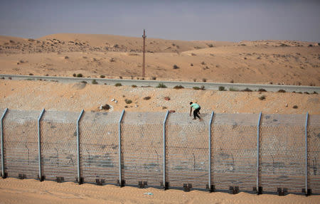 FILE PHOTO: A labourer works on the border fence between Israel and Egypt near the Israeli village of Be'er Milcha September 6, 2012. REUTERS/Nir Elias/File Photo