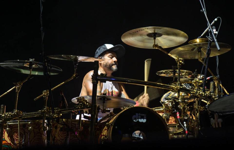 Incubus drummer José Pasillas drives the beat as his band performs on the first day of Aftershock music festival on Thursday.