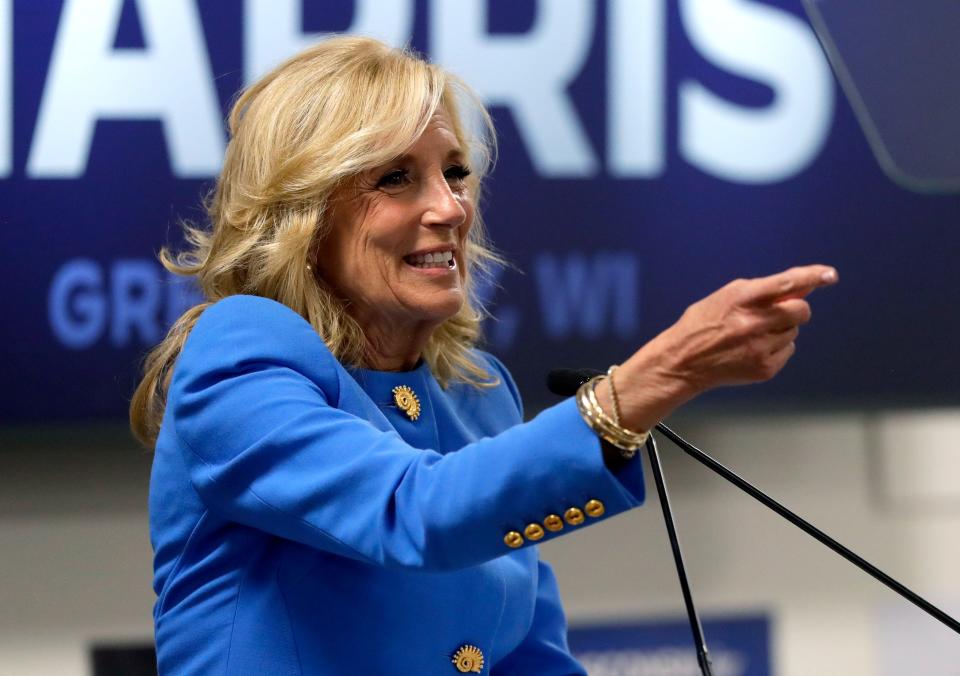 First lady Jill Biden campaigns during a Seniors for Biden-Harris event on June 13, 2024, at the Brown County Central Library in Green Bay.