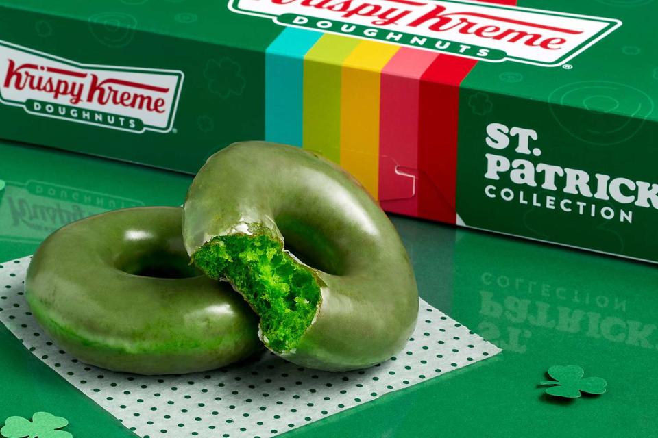 <p>Krispy Kreme</p> Krispy Kreme has green donuts for St. Patrick