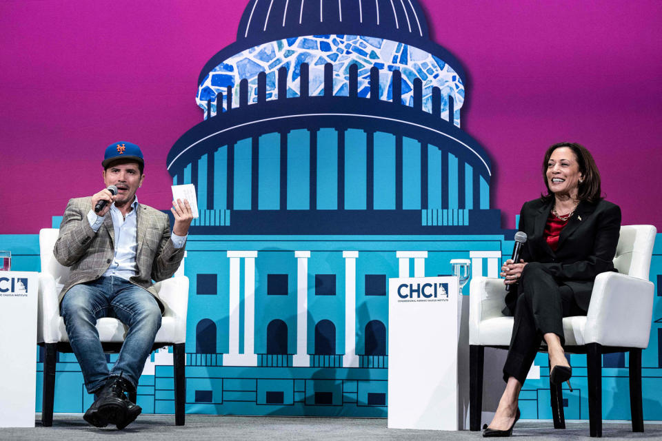 Image: Vice President Kamala Harris and actor John Leguizamo participate in a conversation during the Congressional Hispanic Caucus Institute Leadership Conference at the Walter E. Washington Convention Center on Sept. 20, 2023. (Brendan Smialowski / AFP - Getty Images)